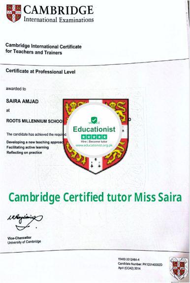 Cambridge Certified tutor for early years in Islamabad Miss Saira Amjad
